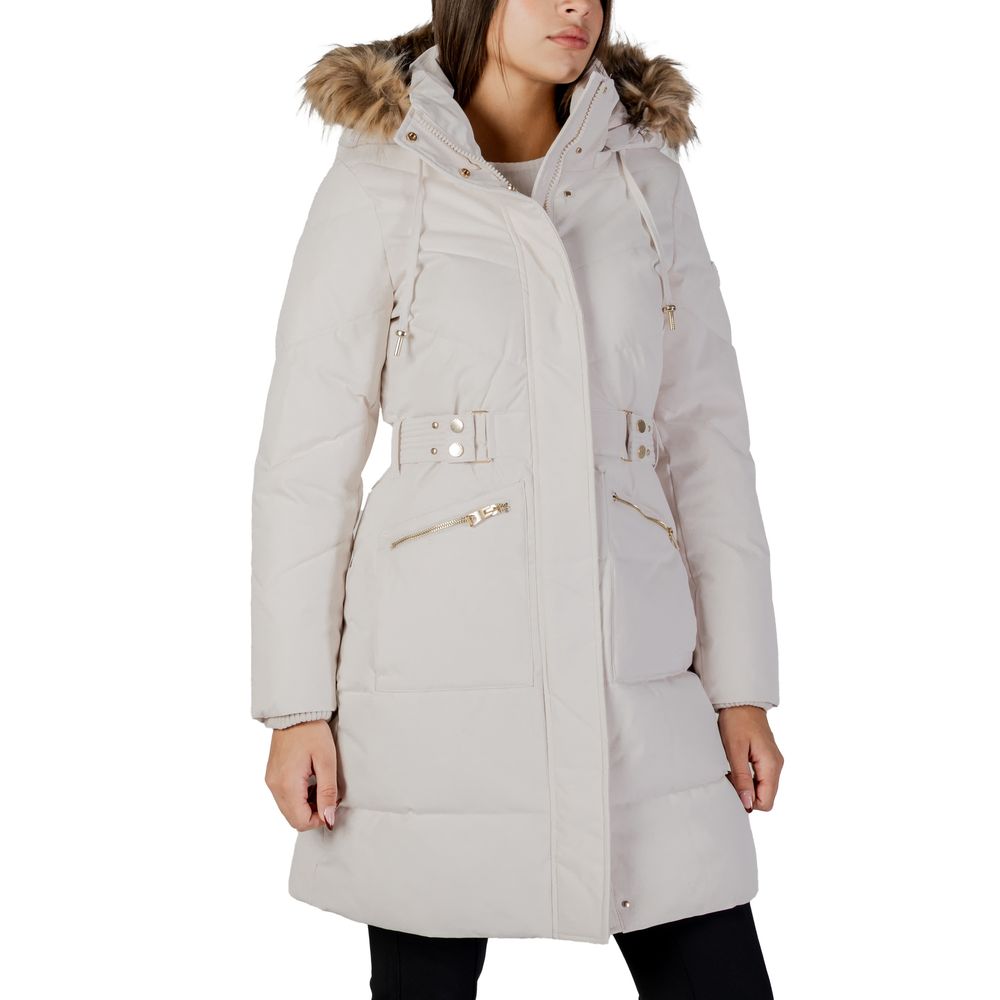 Manteau Puffer Guess Crème Femme Ceinture en Polyester Chaud