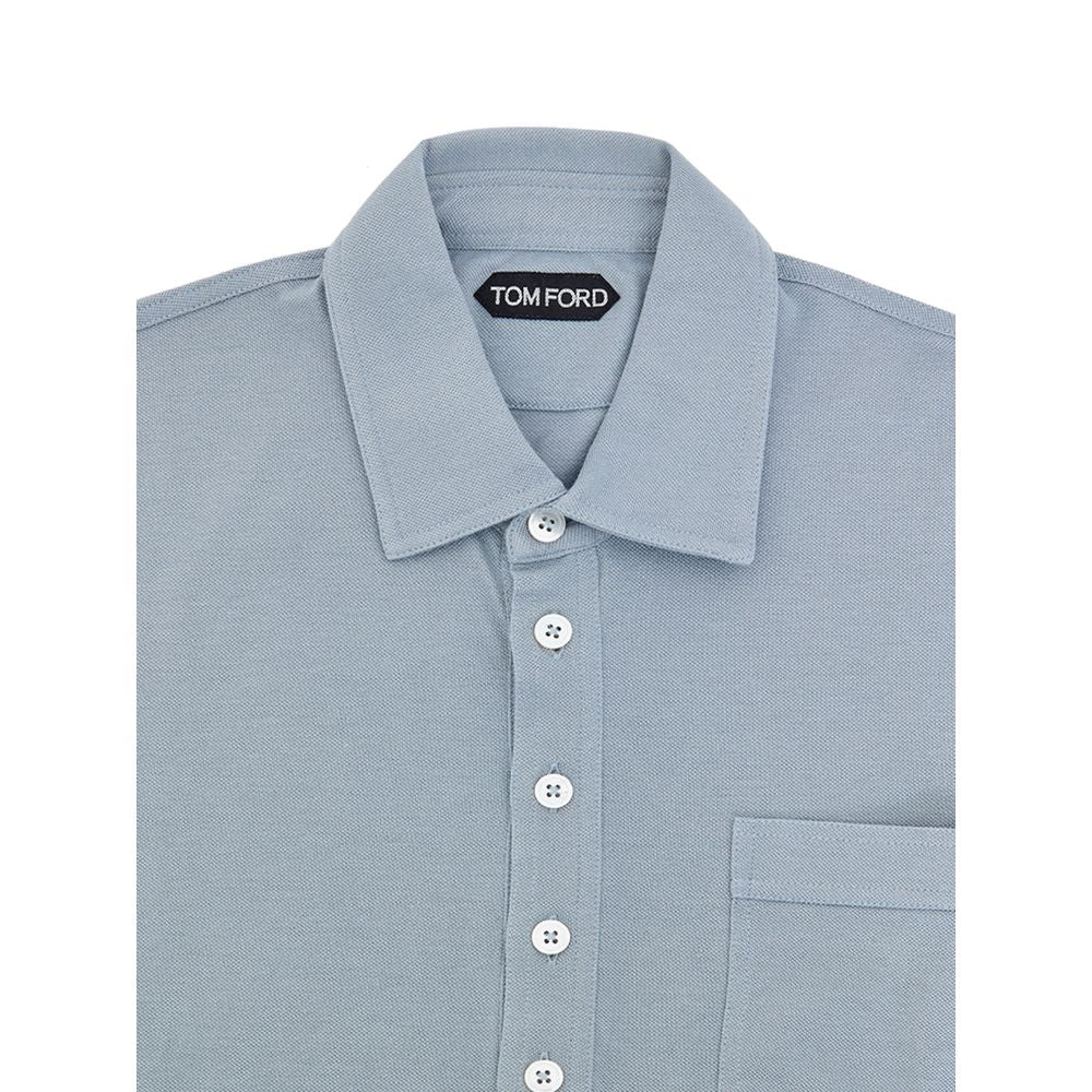 Tom Ford Polo Bleu Piqué Coton et Soie Avec Col Classique