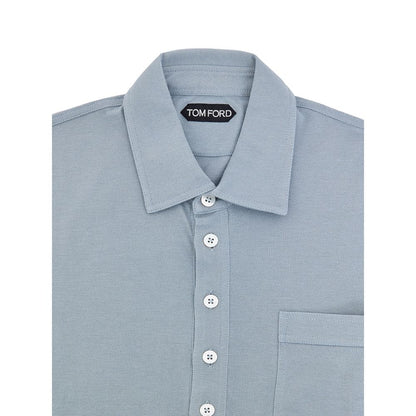 Tom Ford Polo Bleu Piqué Coton et Soie Avec Col Classique