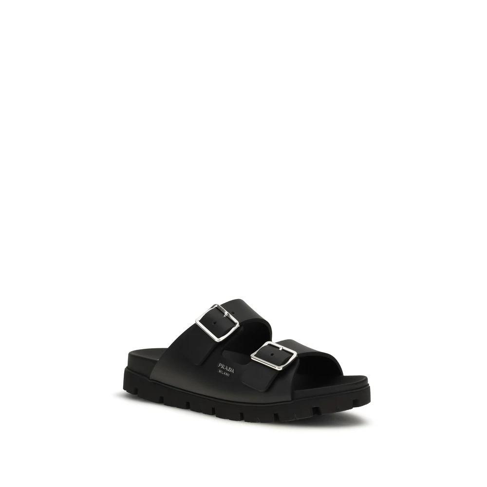 Prada Black Calf Leather Bos Taurus Flat Sandals by Prada