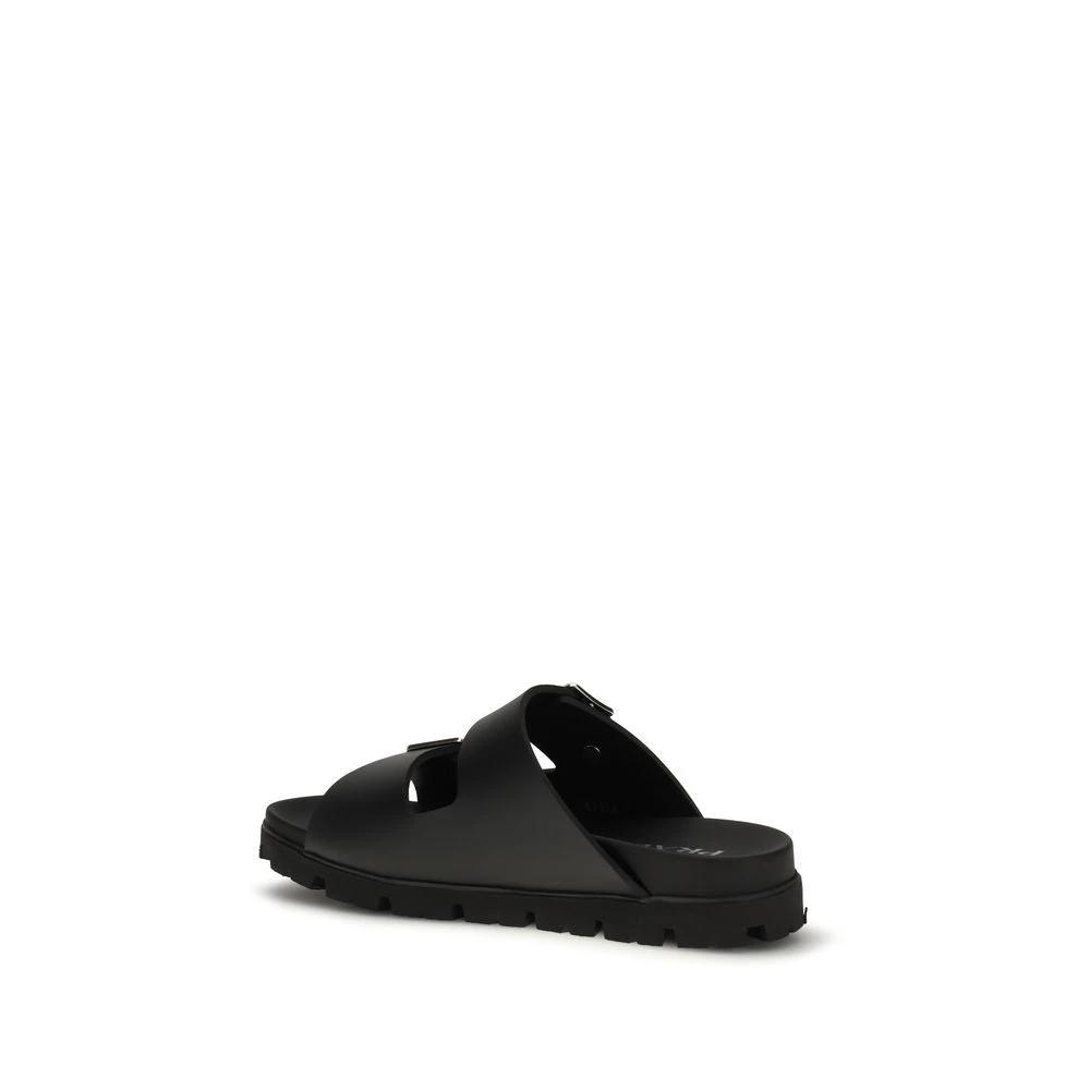 Prada Black Calf Leather Bos Taurus Flat Sandals by Prada