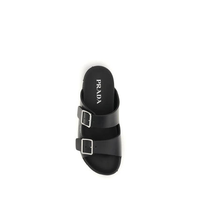 Prada Black Calf Leather Bos Taurus Flat Sandals by Prada