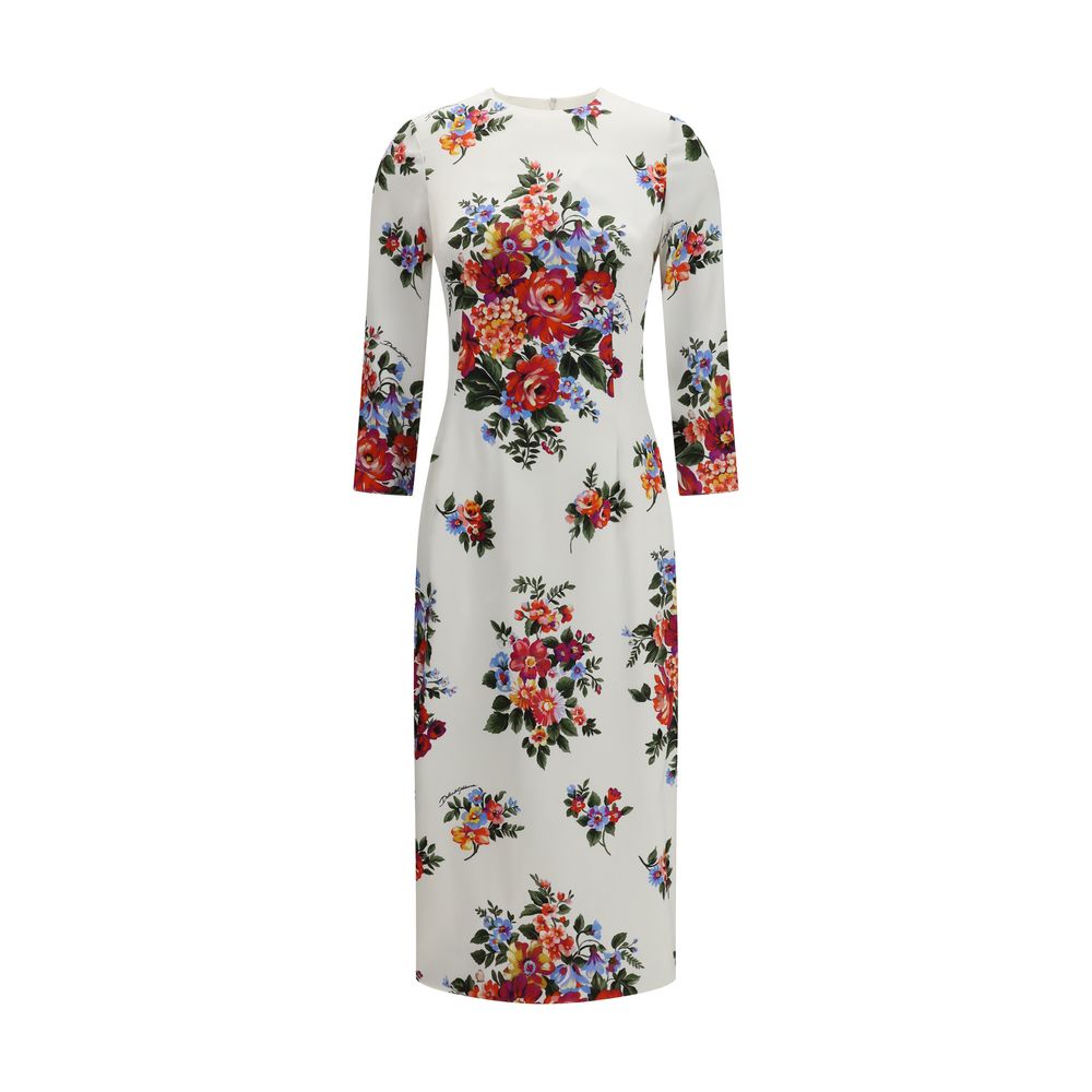 Dolce & Gabbana Robe Florale Stretch — Col Rond, Manches 3/4 & Fente Arrière | SS26