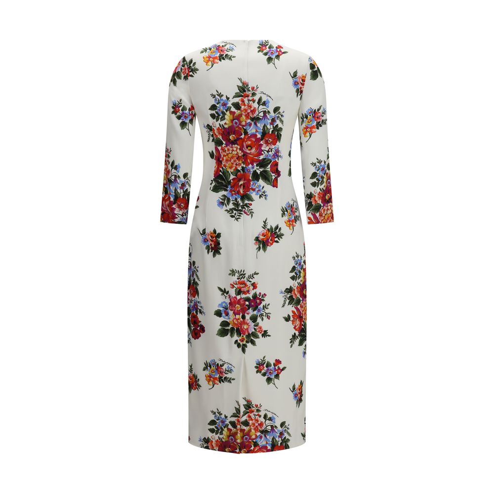 Dolce & Gabbana Robe Florale Stretch — Col Rond, Manches 3/4 & Fente Arrière | SS26