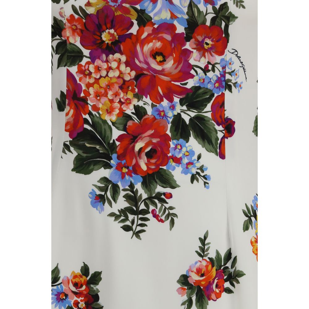 Dolce & Gabbana Robe Florale Stretch — Col Rond, Manches 3/4 & Fente Arrière | SS26