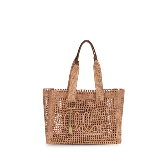 Chloé Sac Épaule Raffia Beige Avec Chaîne Et Charms Détaillés