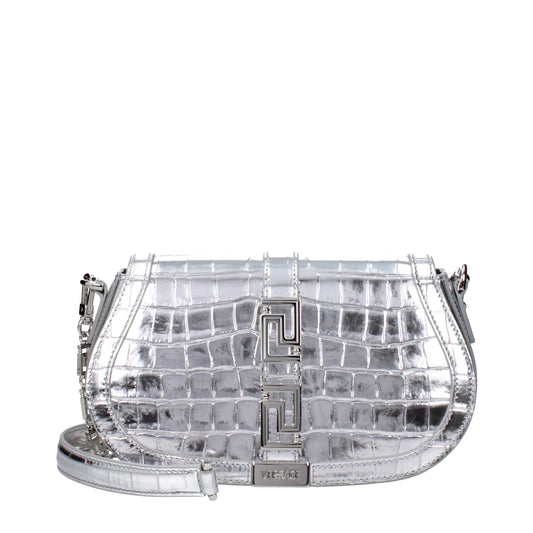 Versace – Sac Épaule Cuir Argenté Logo Frontal Anse Amovible & Bandoulière | Femme