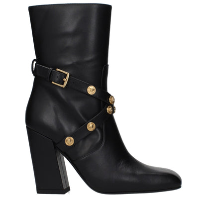 Versace – Bottines en Cuir Noir à Talon Carré 9,5 cm | Fermeture Zip