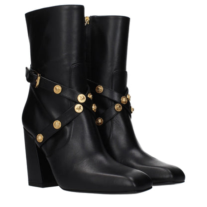 Versace – Bottines en Cuir Noir à Talon Carré 9,5 cm | Fermeture Zip