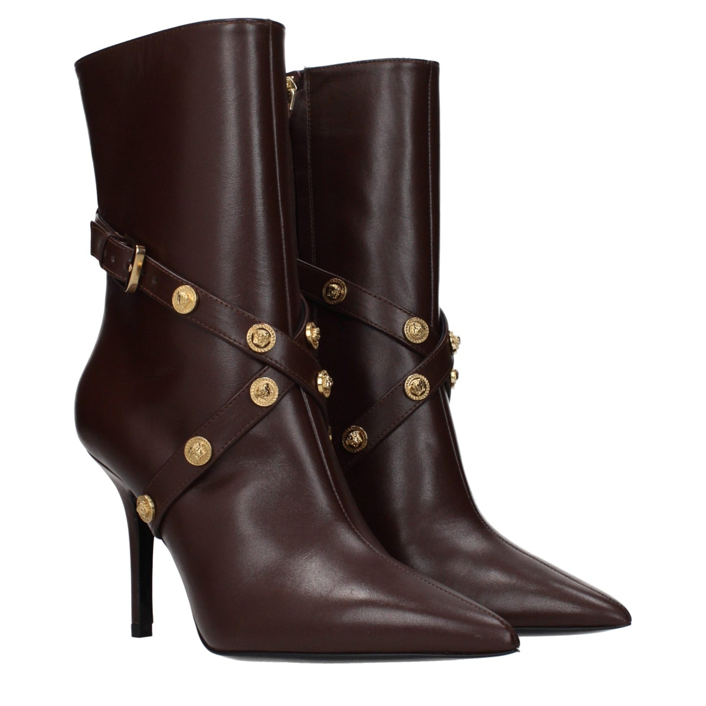 Versace – Bottines en Cuir Marron à Bout Pointu et Talon 9 cm | Zip