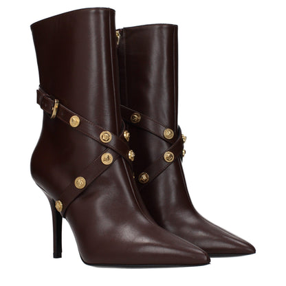 Versace – Bottines en Cuir Marron à Bout Pointu et Talon 9 cm | Zip