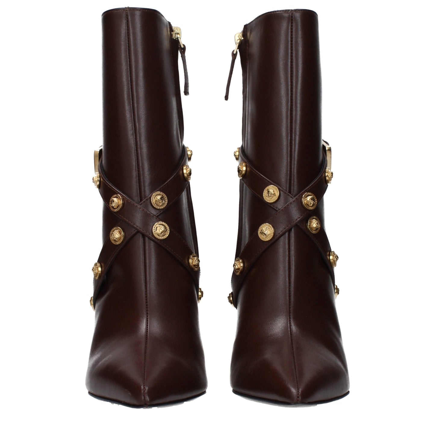 Versace – Bottines en Cuir Marron à Bout Pointu et Talon 9 cm | Zip
