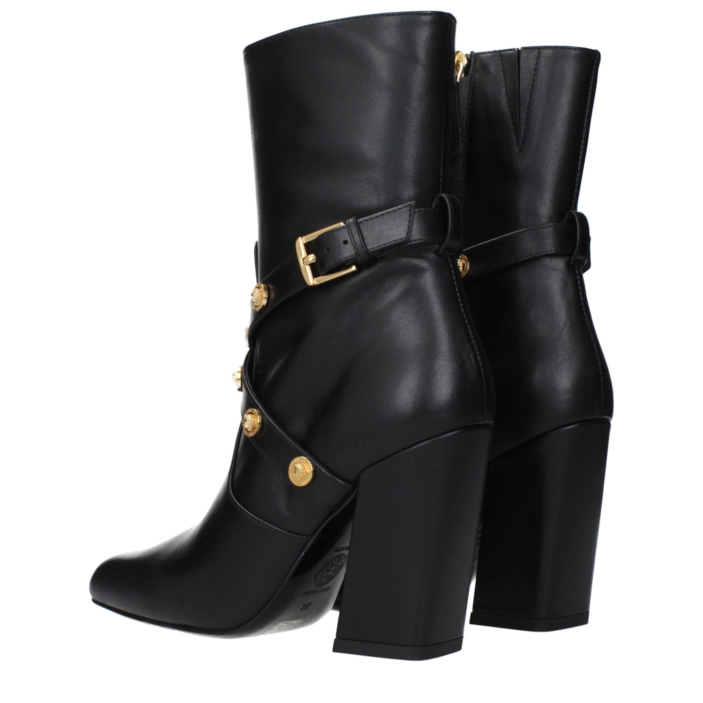 Versace – Bottines en Cuir Noir à Talon Carré 9,5 cm | Fermeture Zip