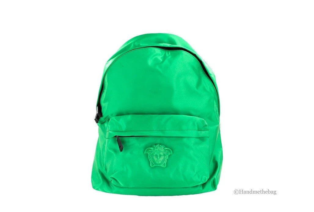 Versace Large Bright Green Nylon Fabric Medusa Shoulder Backpack Bookbag by Versace