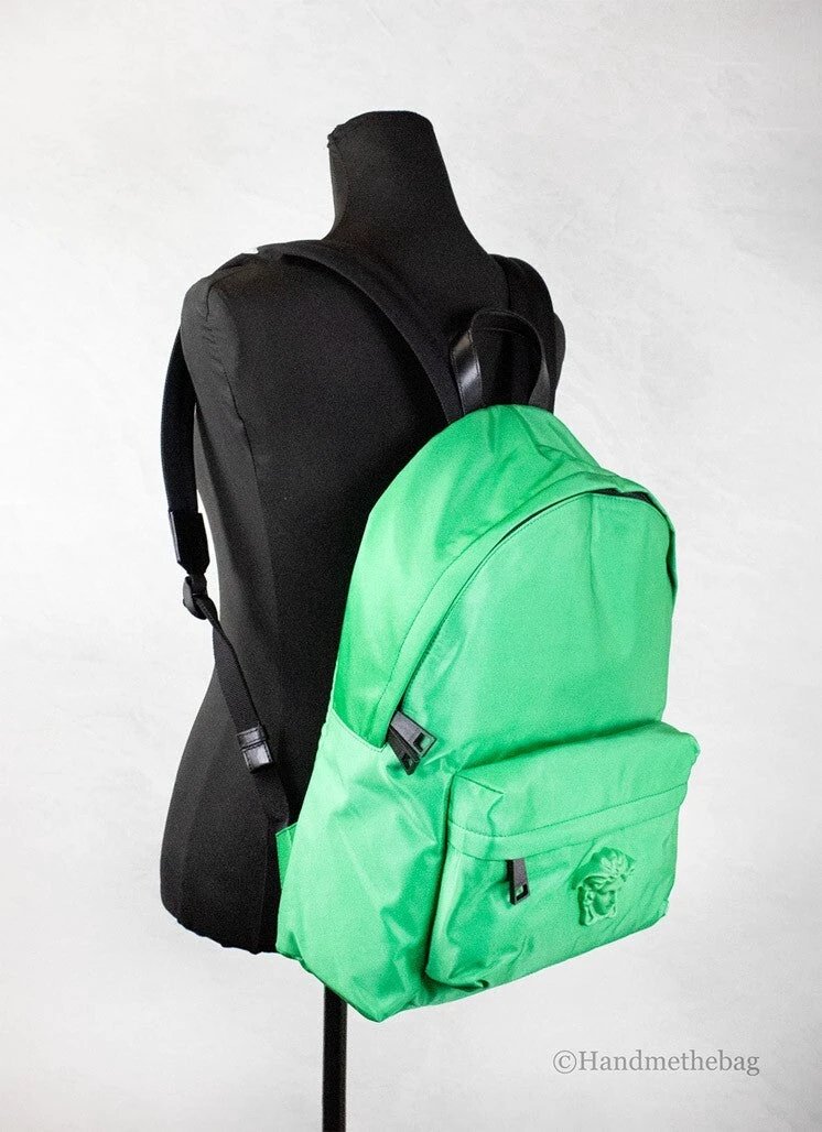 Versace Large Bright Green Nylon Fabric Medusa Shoulder Backpack Bookbag by Versace