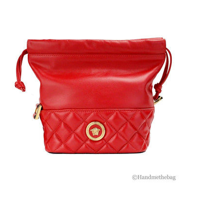 Versace Red Quilted Leather Drawstring Shoulder Bag Bucket Crossbody Handbag by Versace