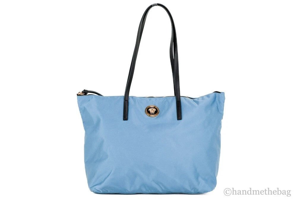 Versace Portuna Medusa Medium Cornflower Blue Nylon Leather Tote Bag Purse by Versace