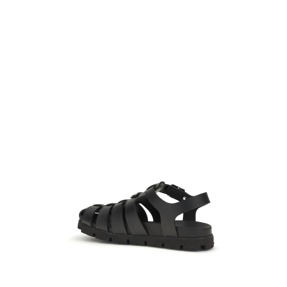 Prada Black Calf Leather Bos Taurus Flat Sandals by Prada