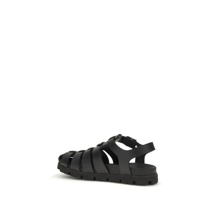 Prada Black Calf Leather Bos Taurus Flat Sandals by Prada