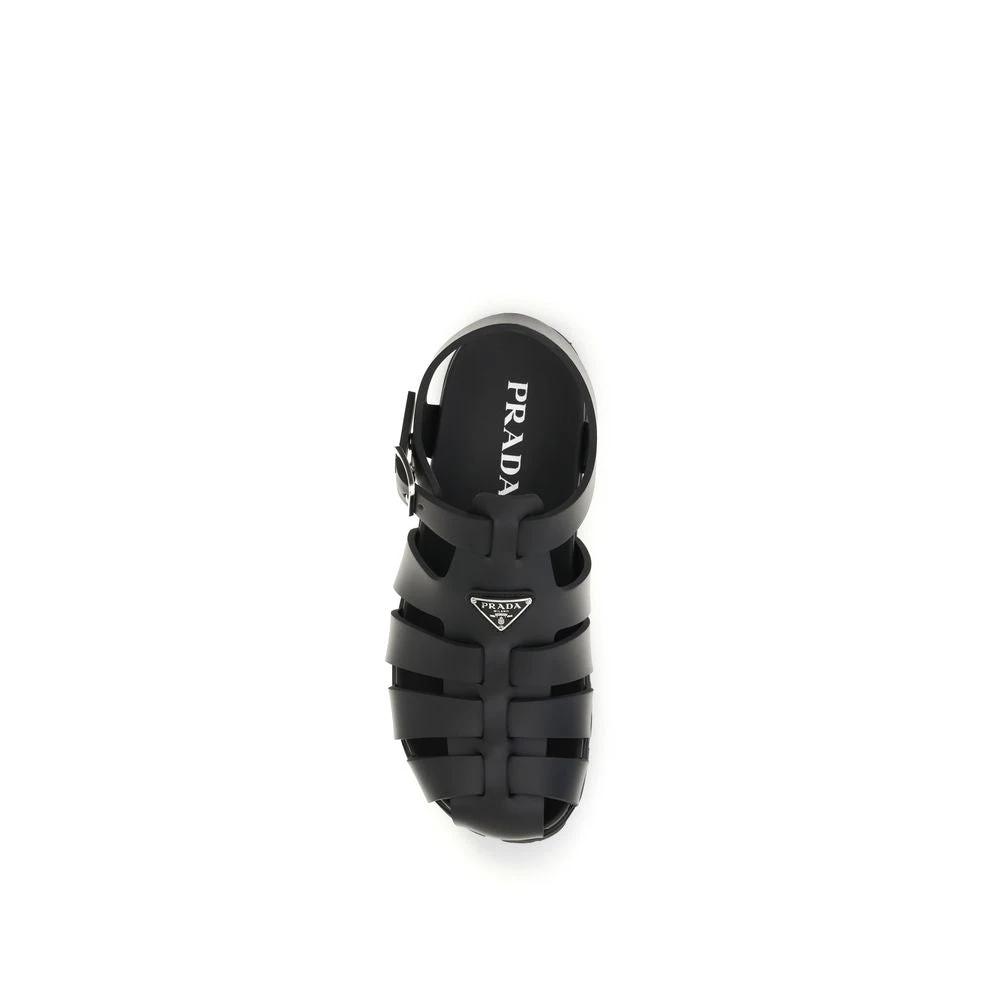 Prada Black Calf Leather Bos Taurus Flat Sandals by Prada