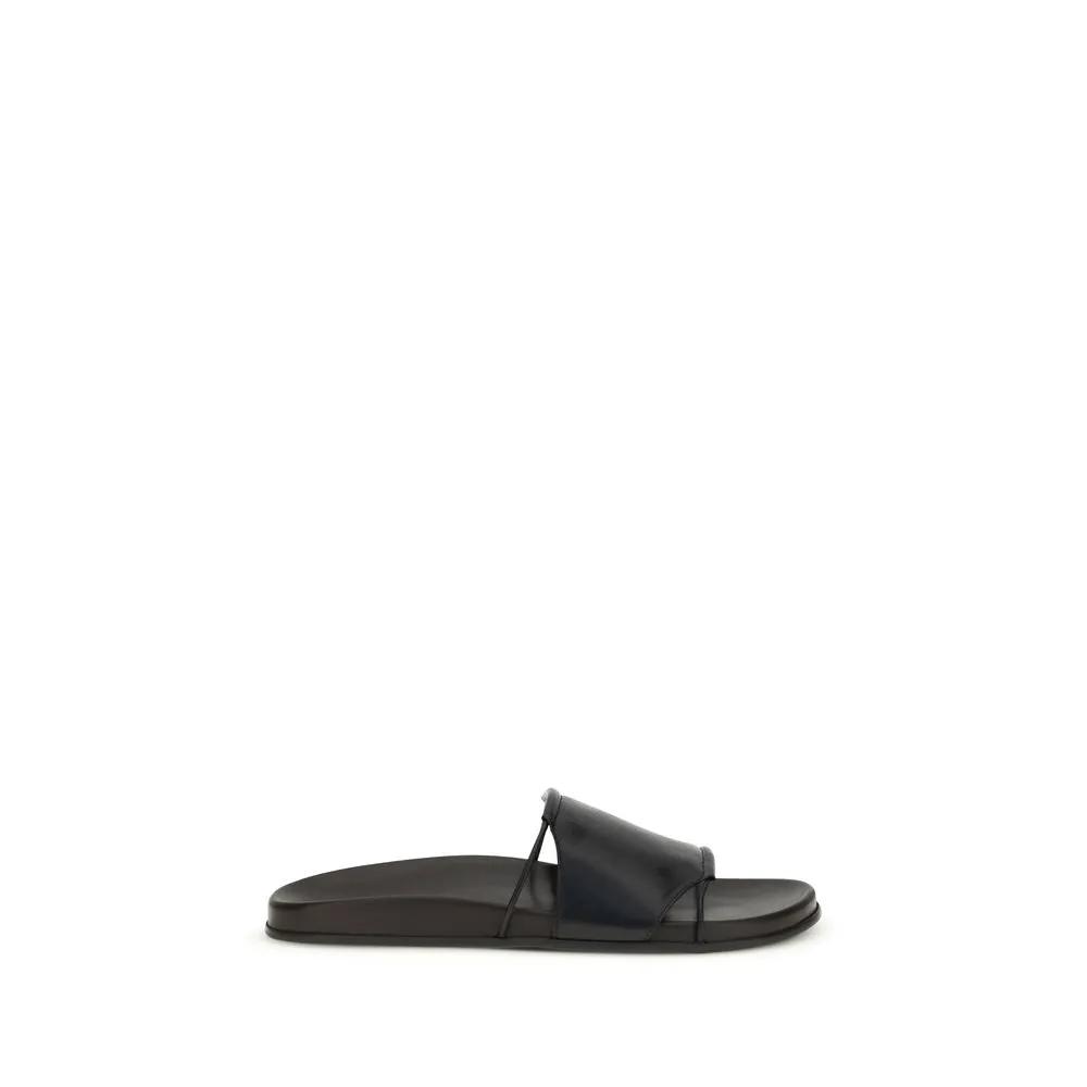 The Row Black Calf Leather Bos Taurus Flat Sandals by The Row
