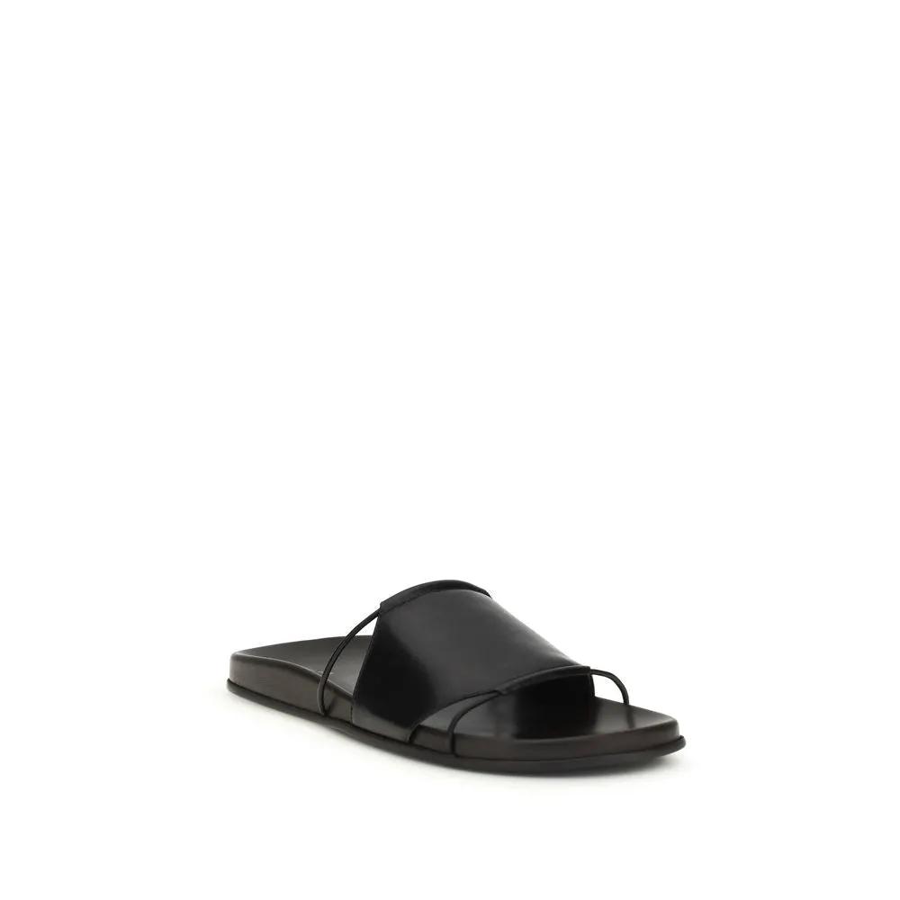 The Row Black Calf Leather Bos Taurus Flat Sandals by The Row