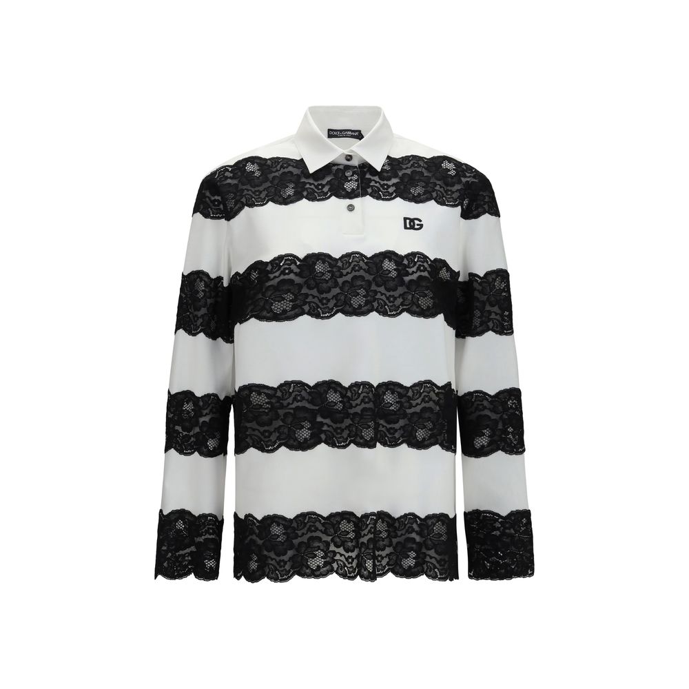 Dolce & Gabbana Polo Manches Longues Blanc — Inserts Dentelle & Logo Noir | SS26
