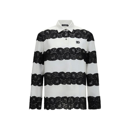 Dolce & Gabbana Polo Manches Longues Blanc — Inserts Dentelle & Logo Noir | SS26