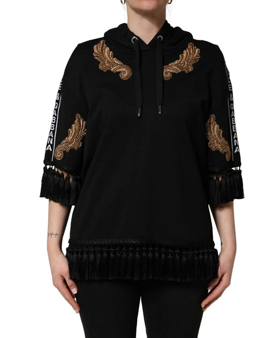 Dolce & Gabbana Black Embroidered Tassel Hooded Sweatshirt Sweater by Dolce & Gabbana
