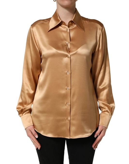 Dolce & Gabbana Gold Tone SatinFinish Silk Collared Shirt Top by Dolce & Gabbana