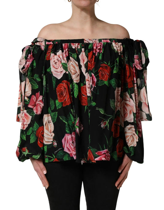 Dolce & Gabbana Black Rose Print Silk Off The Shoulder Blouse Top by Dolce & Gabbana