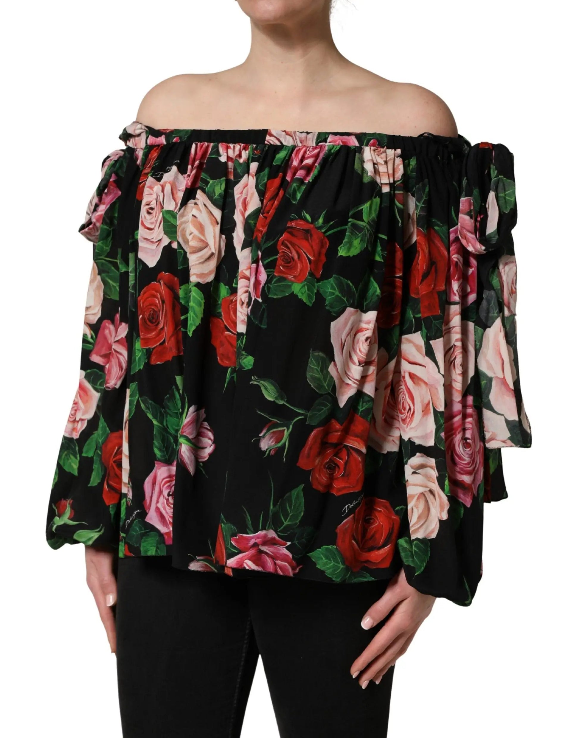 Dolce & Gabbana Black Rose Print Silk Off The Shoulder Blouse Top by Dolce & Gabbana