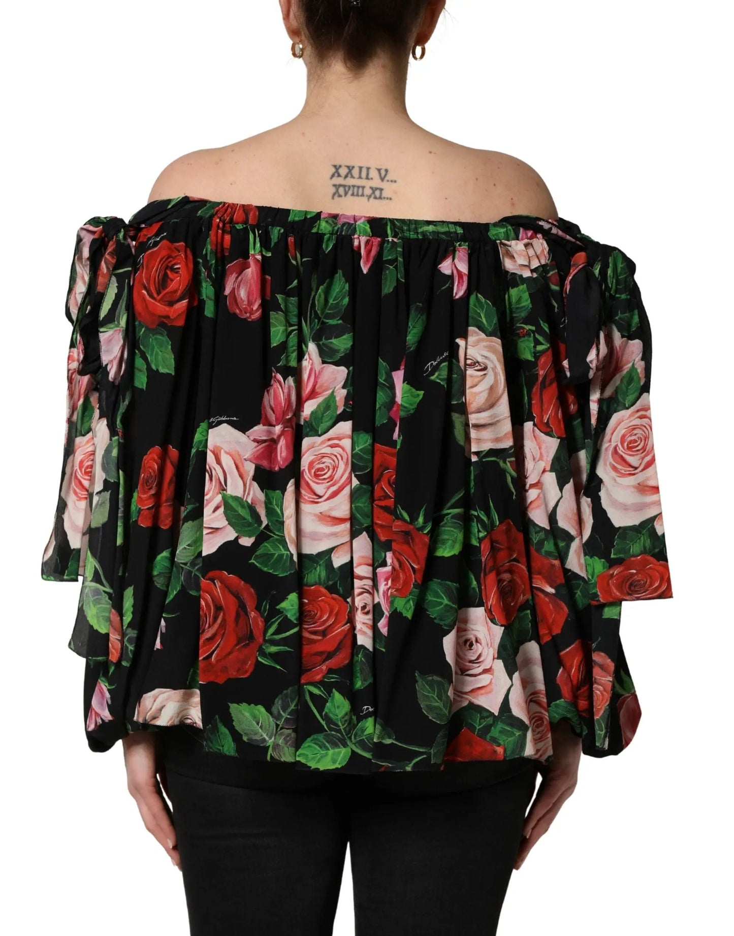 Dolce & Gabbana Black Rose Print Silk Off The Shoulder Blouse Top by Dolce & Gabbana