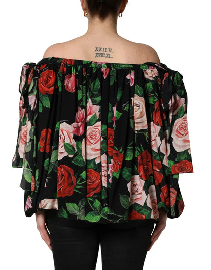 Dolce & Gabbana Black Rose Print Silk Off The Shoulder Blouse Top by Dolce & Gabbana