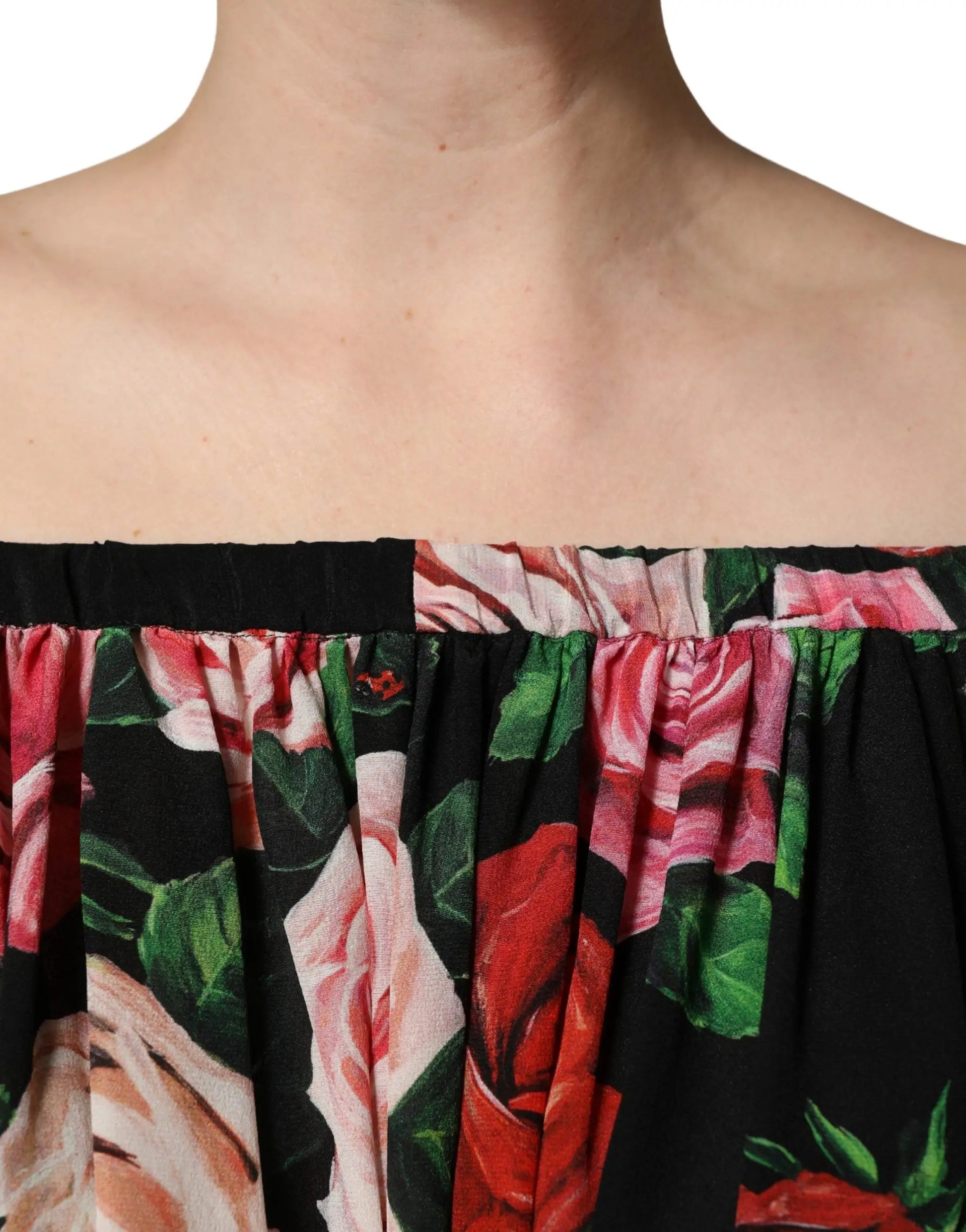 Dolce & Gabbana Black Rose Print Silk Off The Shoulder Blouse Top by Dolce & Gabbana