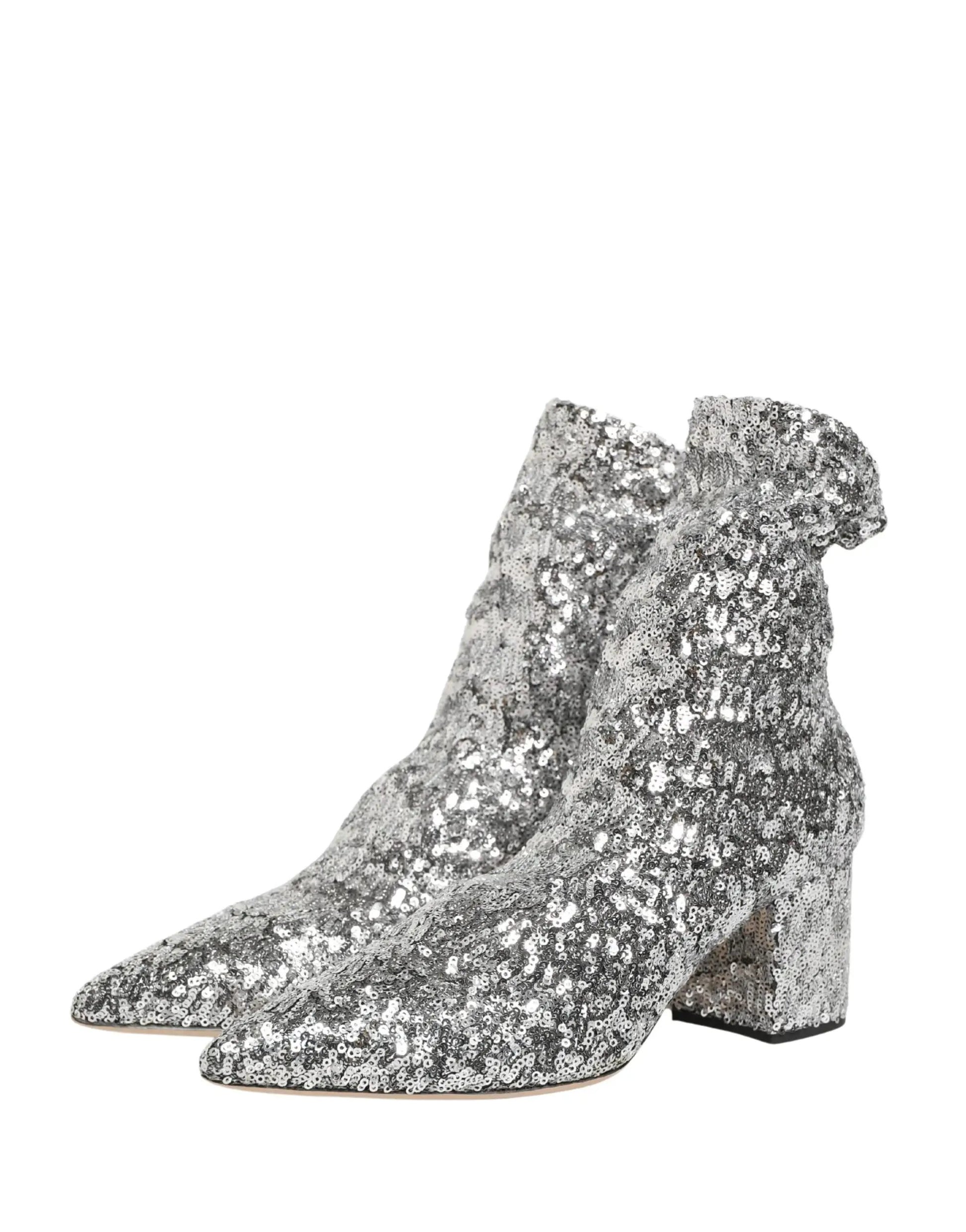 Dolce & Gabbana Silver Sequined Short Boots Stretch Shoes by Dolce & Gabbana