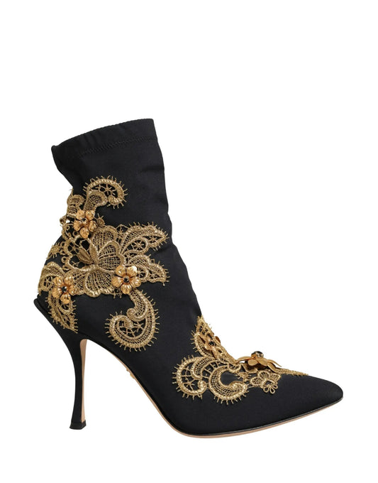 Dolce & Gabbana Black Gold Embroidery Crystal Boots Shoes by Dolce & Gabbana