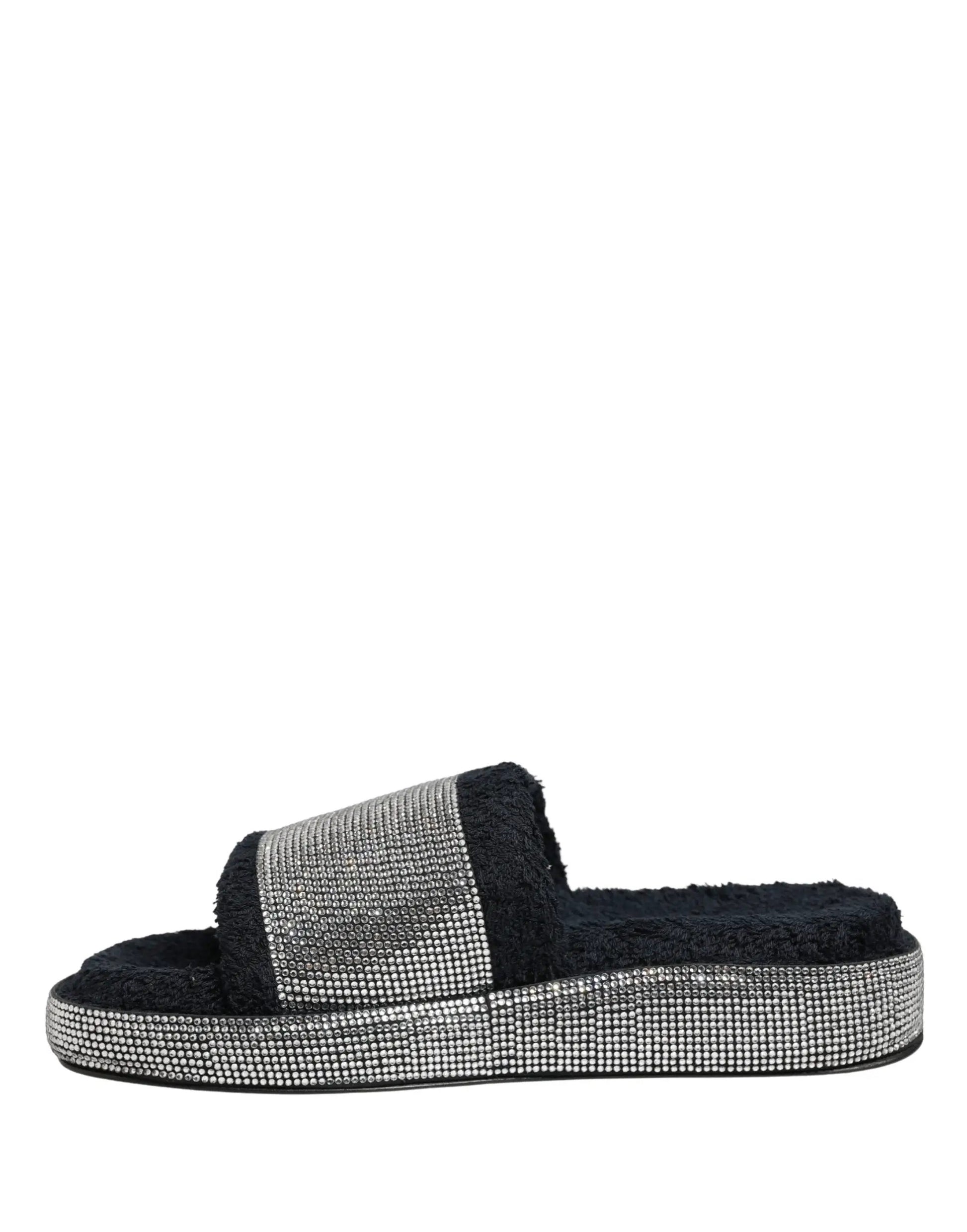 Dolce & Gabbana Black Crystal Embellished Platform Slides Shoes by Dolce & Gabbana