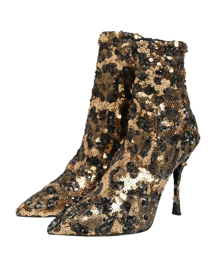 Dolce & Gabbana Gold Leopard Sequin Sock Ankle Boots Shoes by Dolce & Gabbana