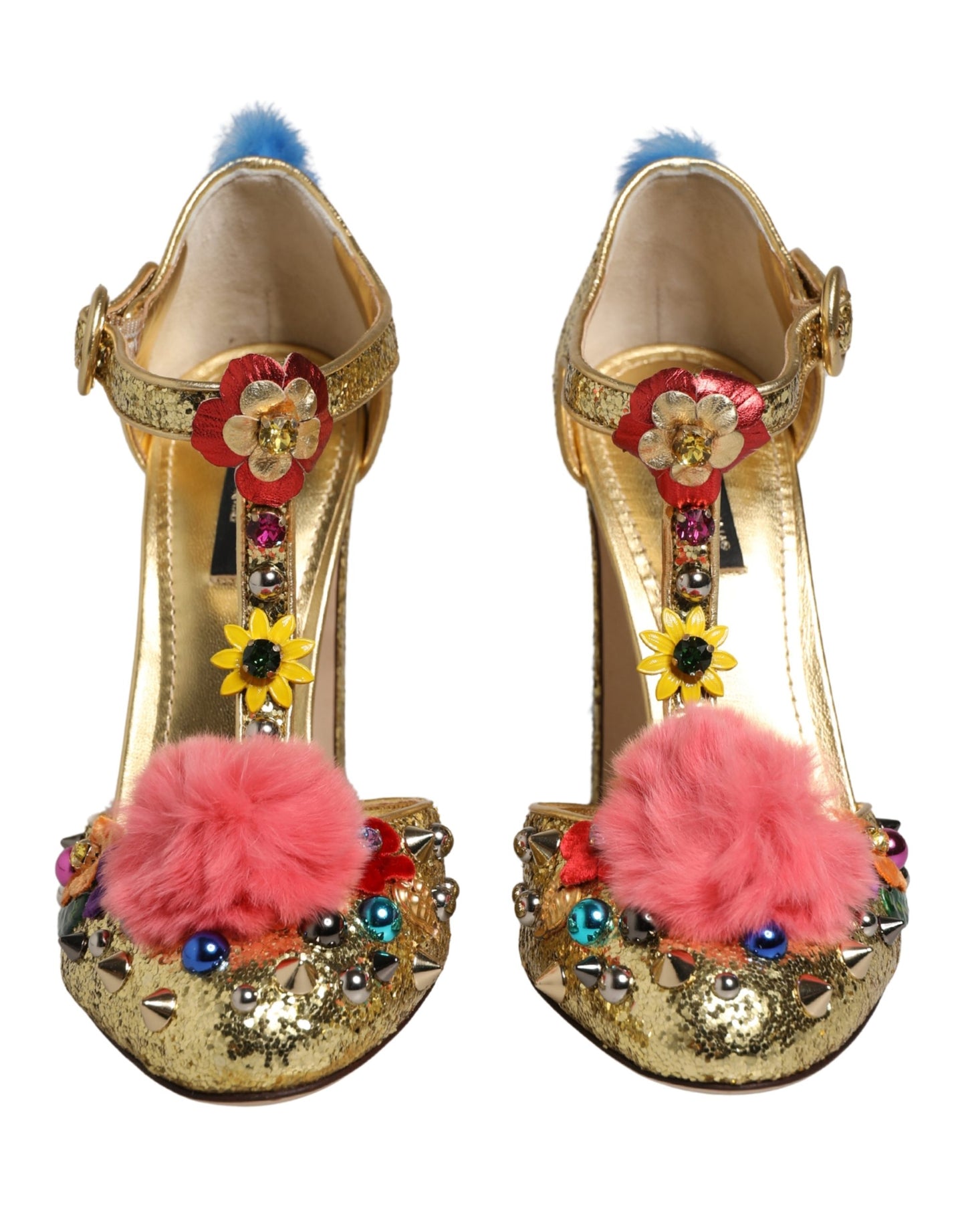 Dolce & Gabbana – Sandales T-Strap Dorées Glitter avec Bordure Fourrure | Talon Stiletto