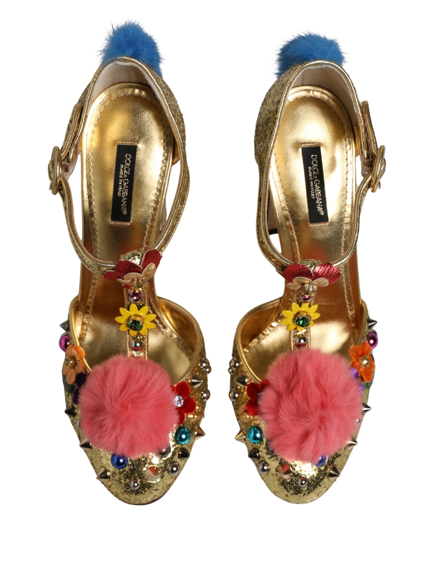 Dolce & Gabbana – Sandales T-Strap Dorées Glitter avec Bordure Fourrure | Talon Stiletto