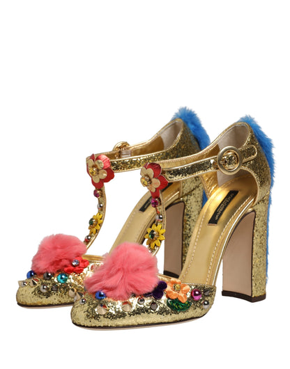 Dolce & Gabbana – Sandales T-Strap Dorées Glitter avec Bordure Fourrure | Talon Stiletto