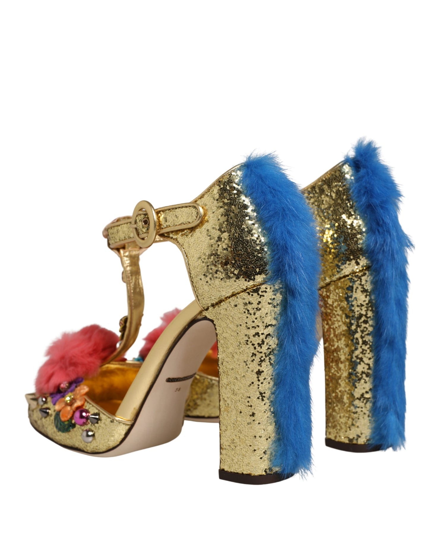 Dolce & Gabbana – Sandales T-Strap Dorées Glitter avec Bordure Fourrure | Talon Stiletto