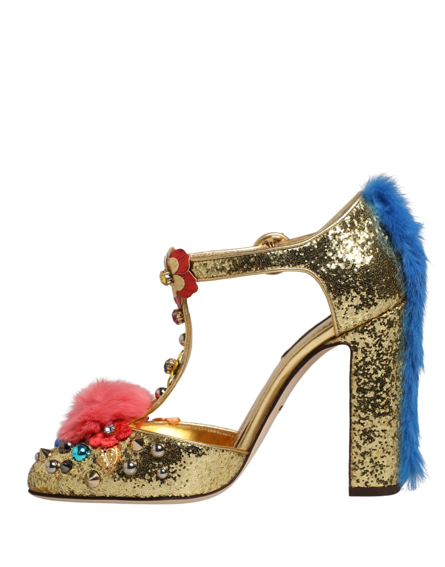 Dolce & Gabbana – Sandales T-Strap Dorées Glitter avec Bordure Fourrure | Talon Stiletto