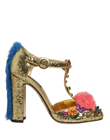 Dolce & Gabbana – Sandales T-Strap Dorées Glitter avec Bordure Fourrure | Talon Stiletto