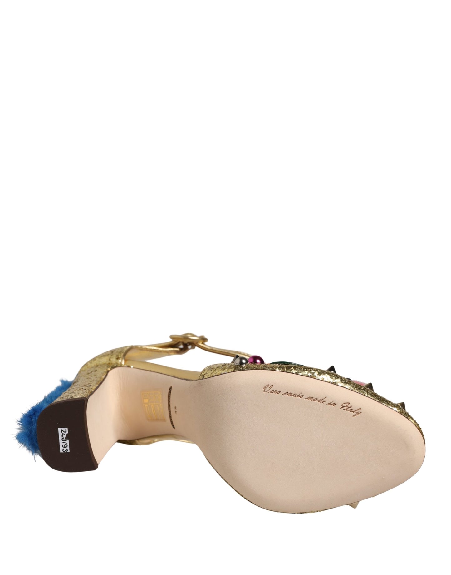 Dolce & Gabbana – Sandales T-Strap Dorées Glitter avec Bordure Fourrure | Talon Stiletto
