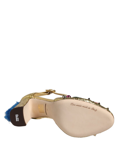 Dolce & Gabbana – Sandales T-Strap Dorées Glitter avec Bordure Fourrure | Talon Stiletto