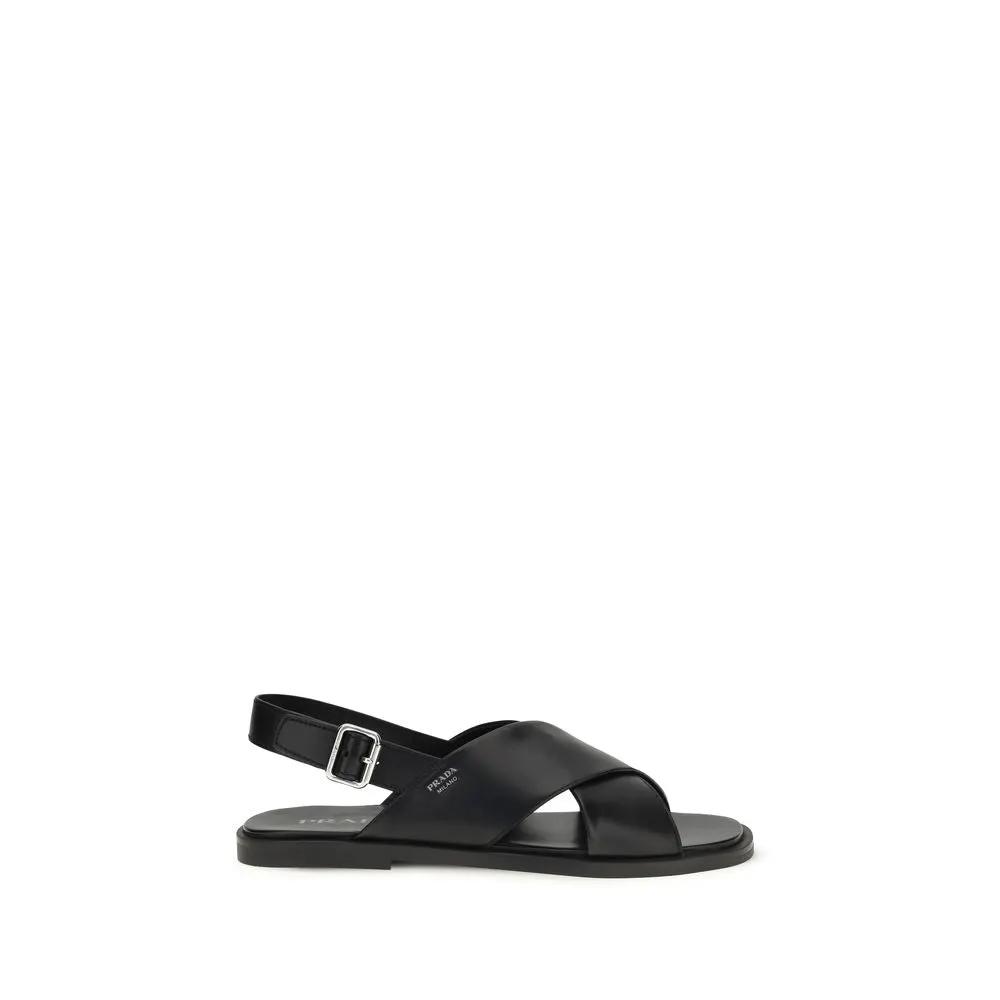 Prada Black Calf Leather Bos Taurus Flat Sandals by Prada
