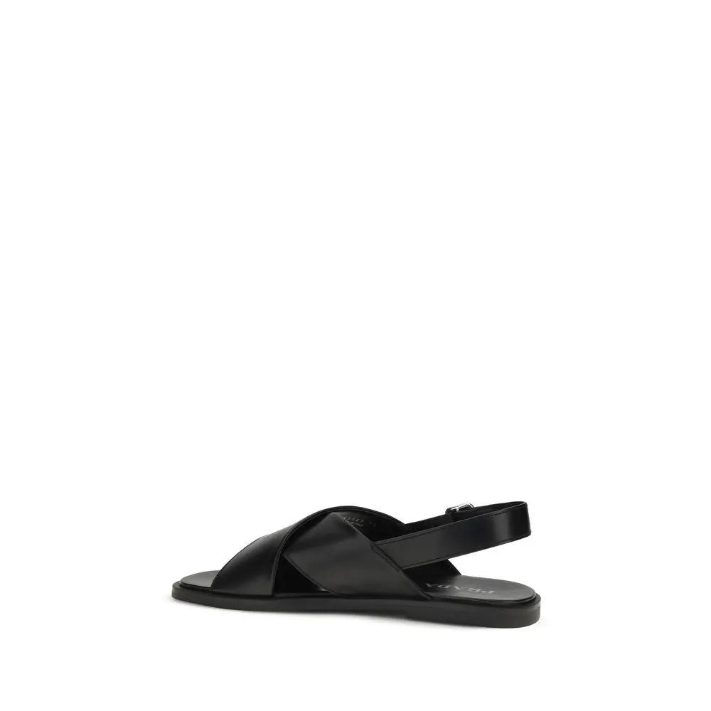 Prada Black Calf Leather Bos Taurus Flat Sandals by Prada