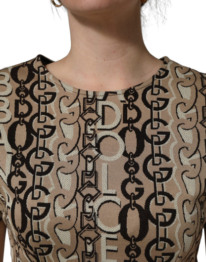 Dolce & Gabbana Robe Fourreau Femme Marron — Motif & Logo DG | Manches Courtes | Made in Italy